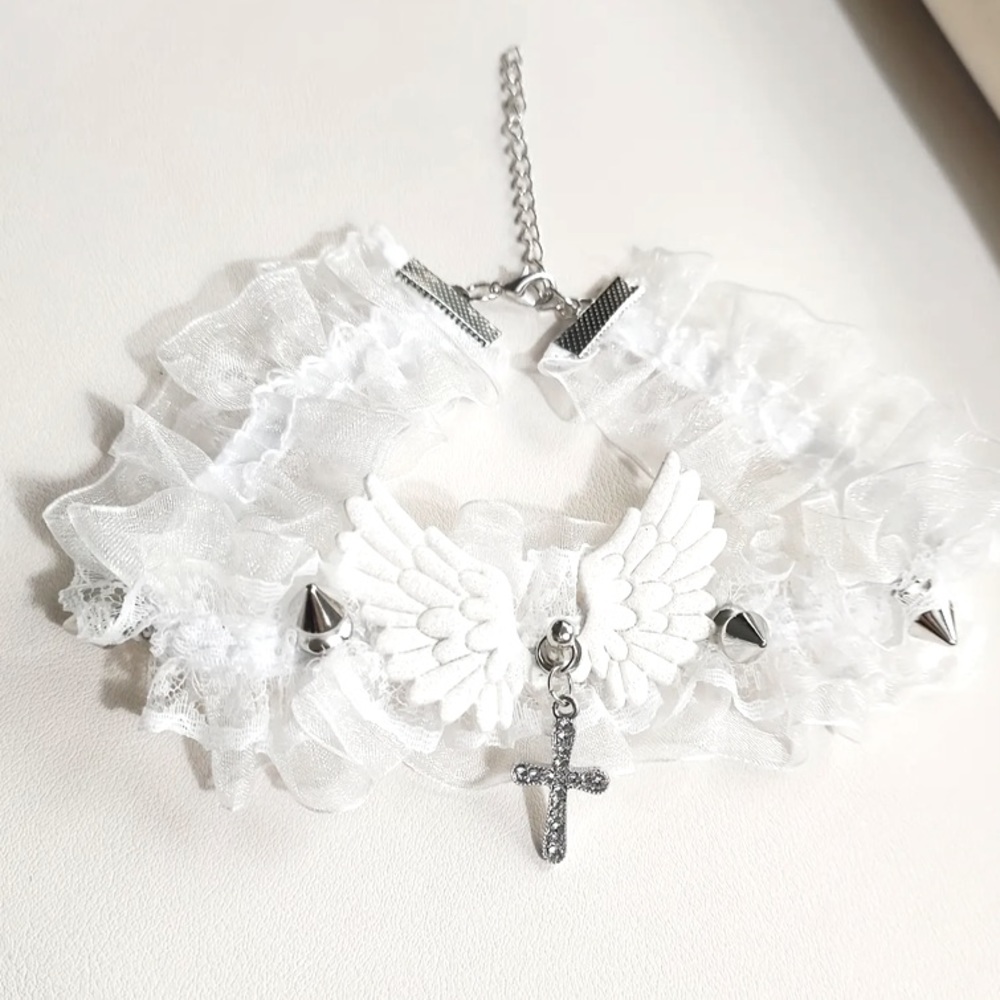 {NEW} White Lace Punk Style Rivet Cross Necklace Choker
